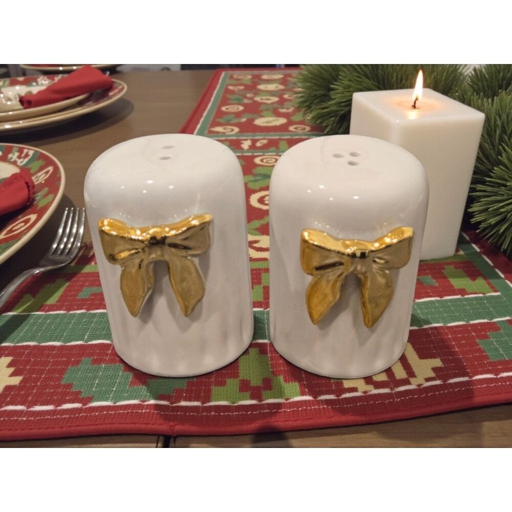 New Christmas White / Gold Bow Salt & Pepper Shakers Salt N Pepper Dinning Set